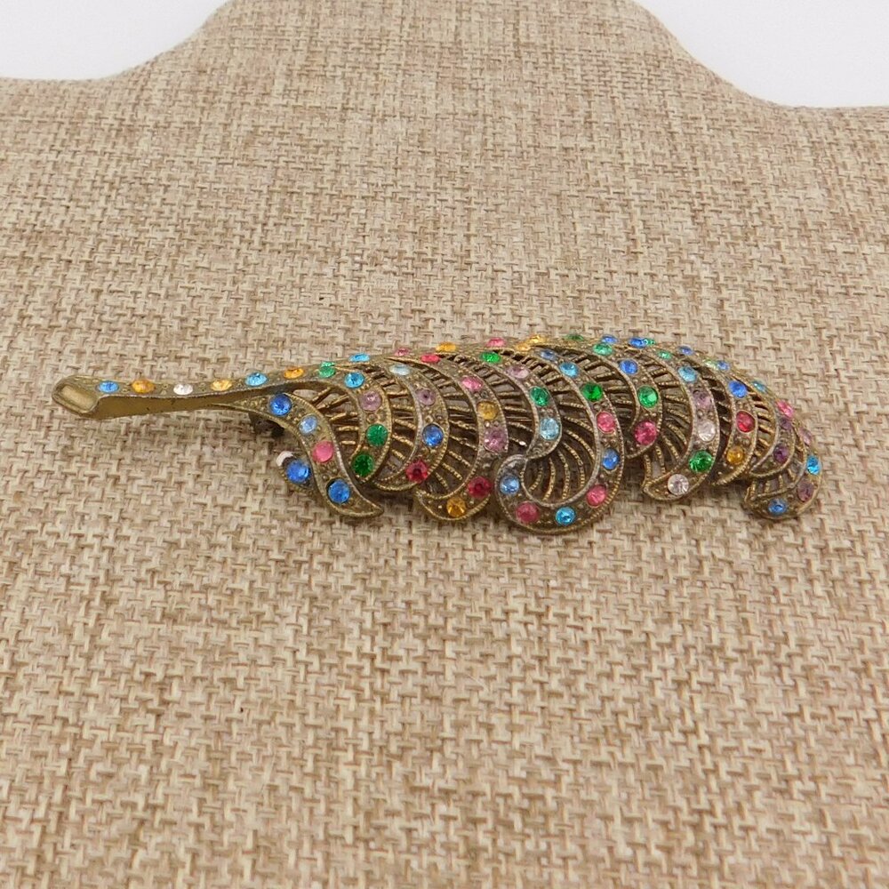 Crystal C-clasp Feather Leaf Pin Brooch VTG Cast Metal Multi Color Antique